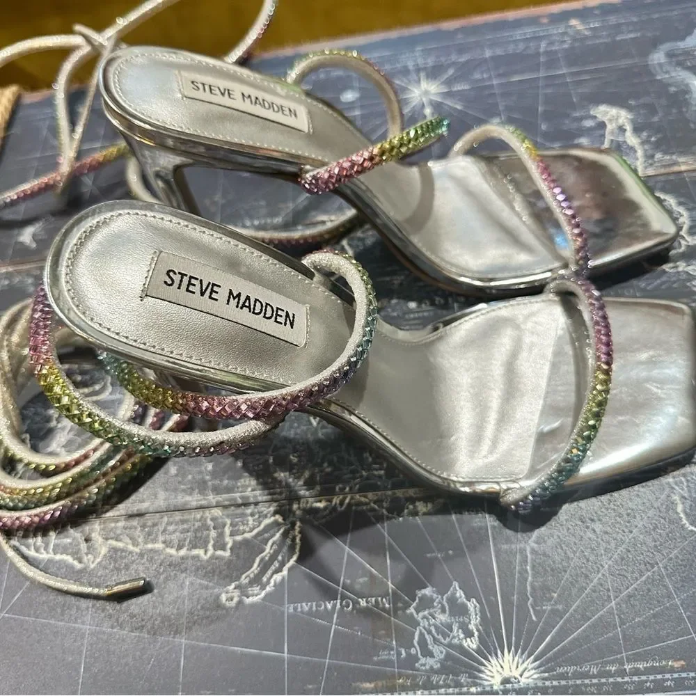 Steve Madden Uplift‑R Rainbow Rhinestone Wrap Heels – Silver – Size 9.5M